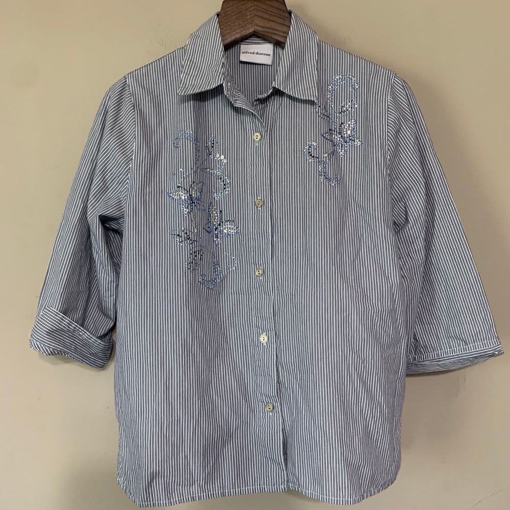 Alfred Dunner Blue/White Stripe Butterfly Rhinestone Button Down Shirt Size 14